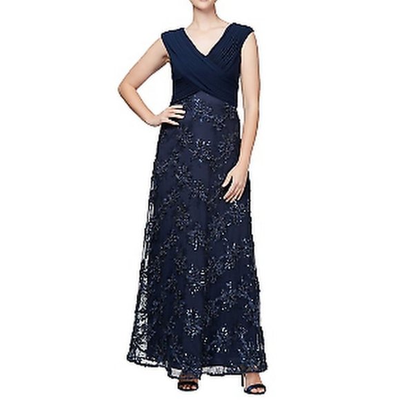 ALEX Evenings Women's Long Rosette Short- Sleeve Sequin Detail Dress, Size 12 - Picture 1 of 4